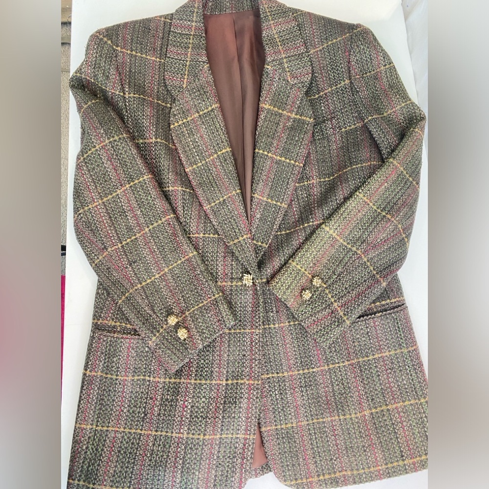 Doncaster Vintage 80s 100% Silk Brown Tweed Multicolor Plaid Longline Blazer 8 - Picture 10 of 17
